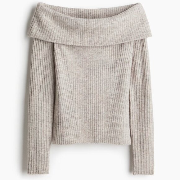 H&M Beige Melange Rib-Knit Off-the-Shoulder Top, XS - Picture 1 of 2